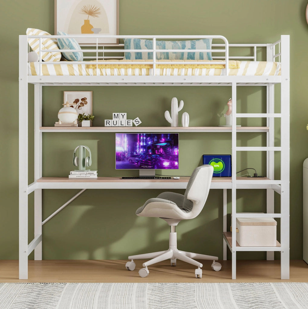 Letto a soppalco 90x200 cm con scrivania, ripiani, LED, USB e presa