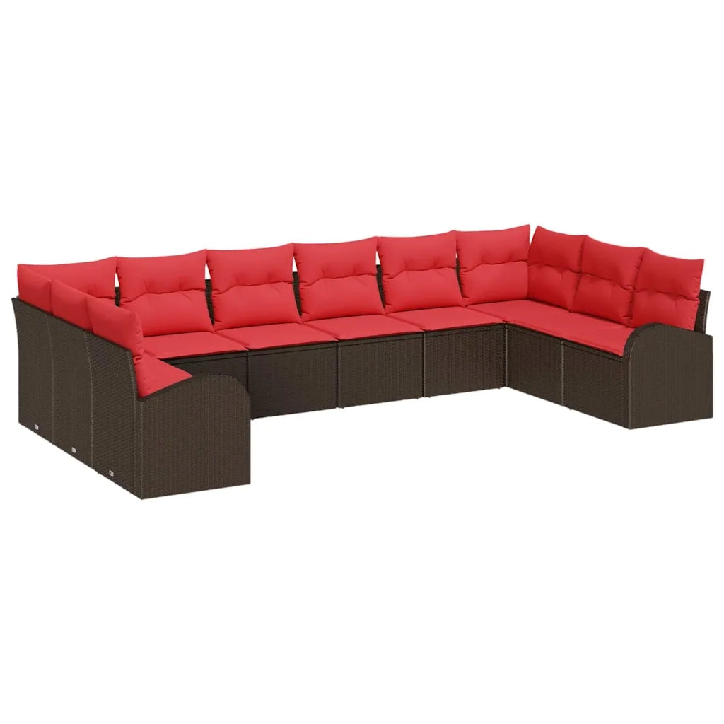 Set Divano da Giardino 10 pcs Marrone e Rosso polyrattan