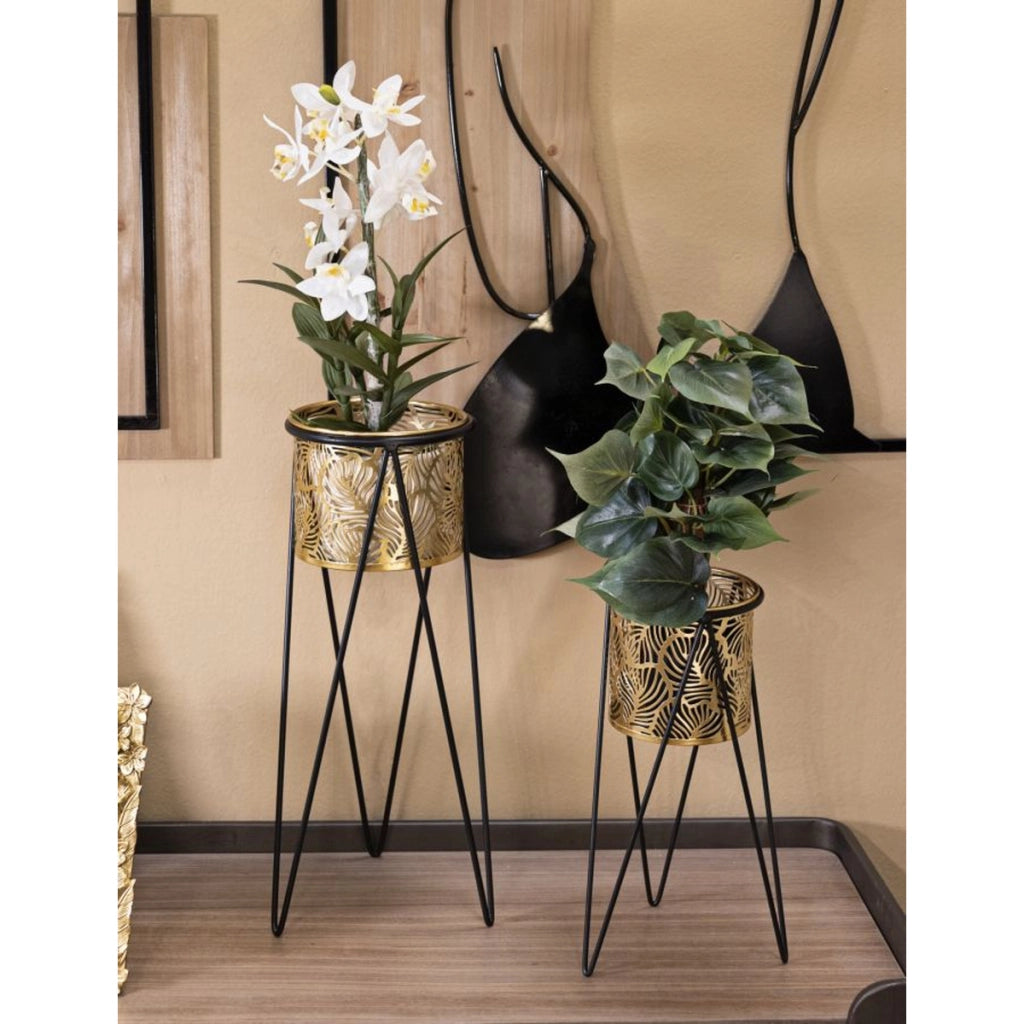 Set di 2 Vasi per Piante VKH406, Oro, Metallo, 21x20x46 cm