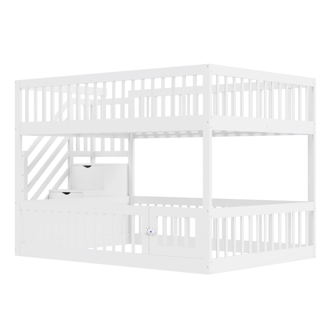 Letto a castello 140x200 cm con scala e cassetti in legno bianco