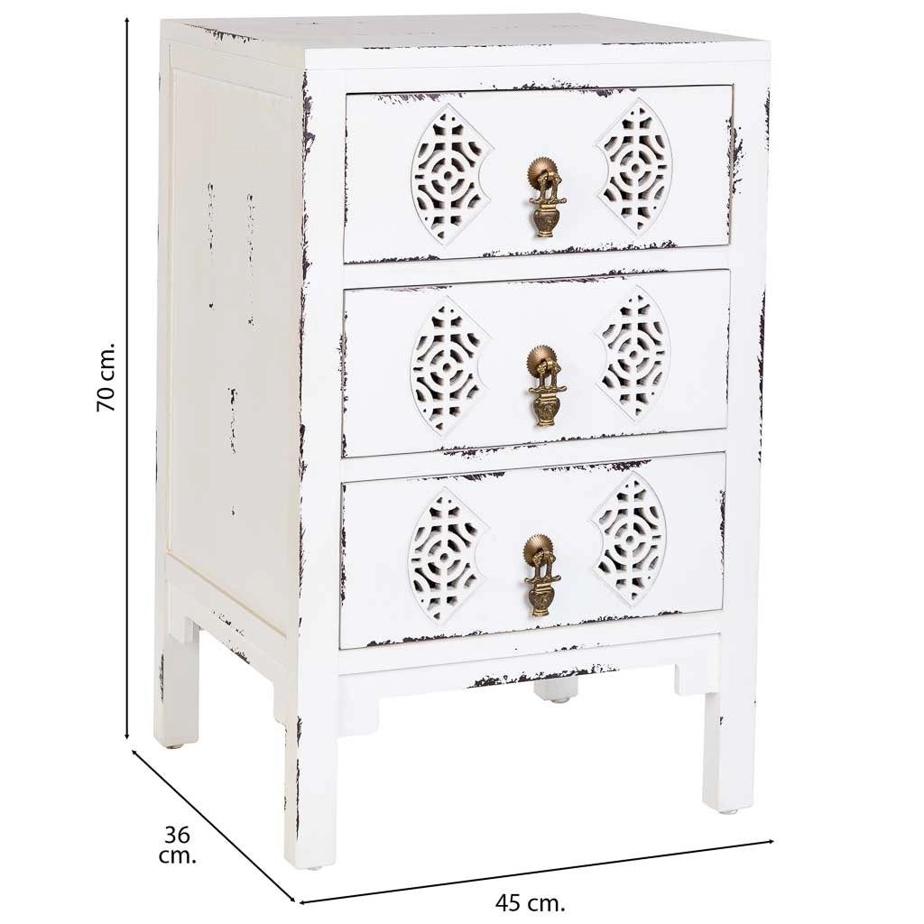 Mesita de madera con 3 cajones blanco 45x36x70