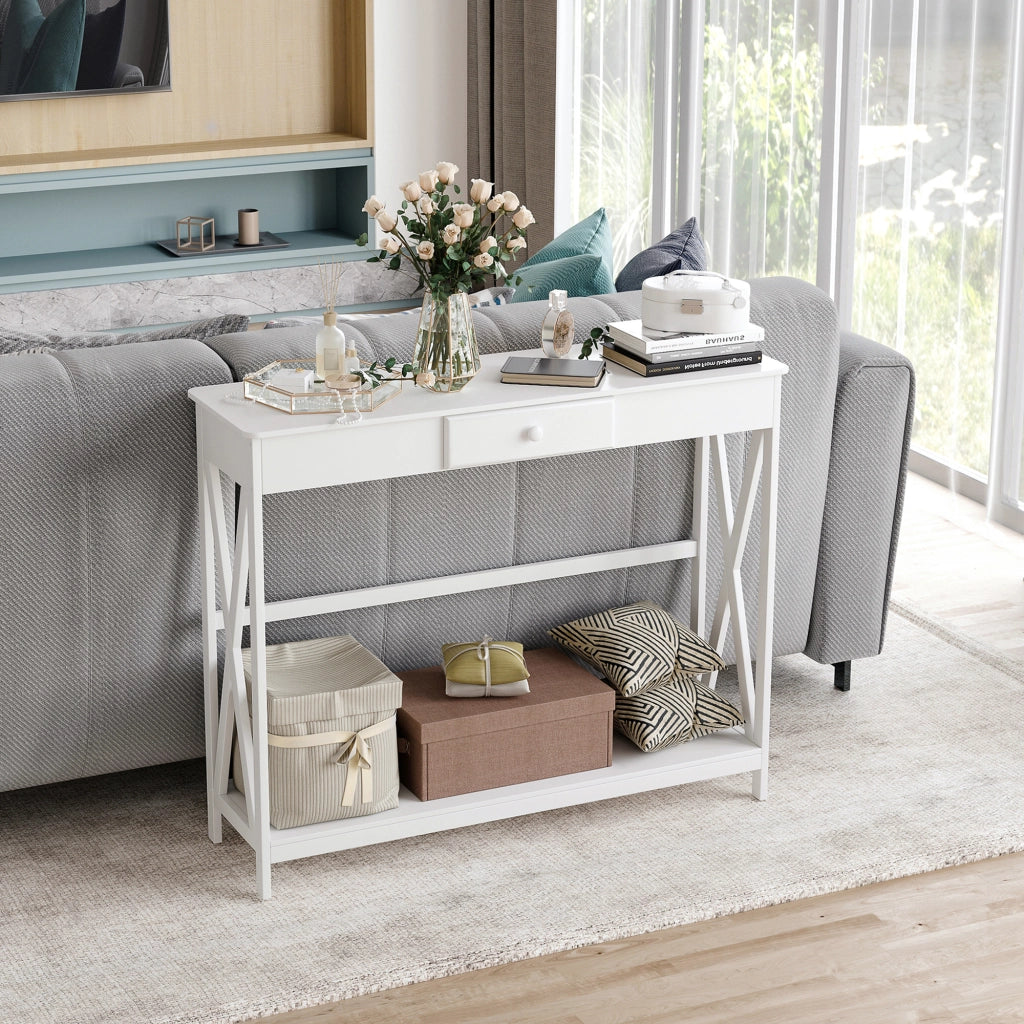 Tavolo console in legno con cassetto e ripiano ¨C zephmum ¨C 100x30x81cm bianco