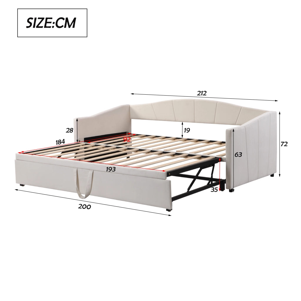 OKWISH Letto a Divano Estraibile 90×200 cm e 180×200 cm, Letto Singolo con Rete Estraibile e Braccioli, senza Materasso, Beige