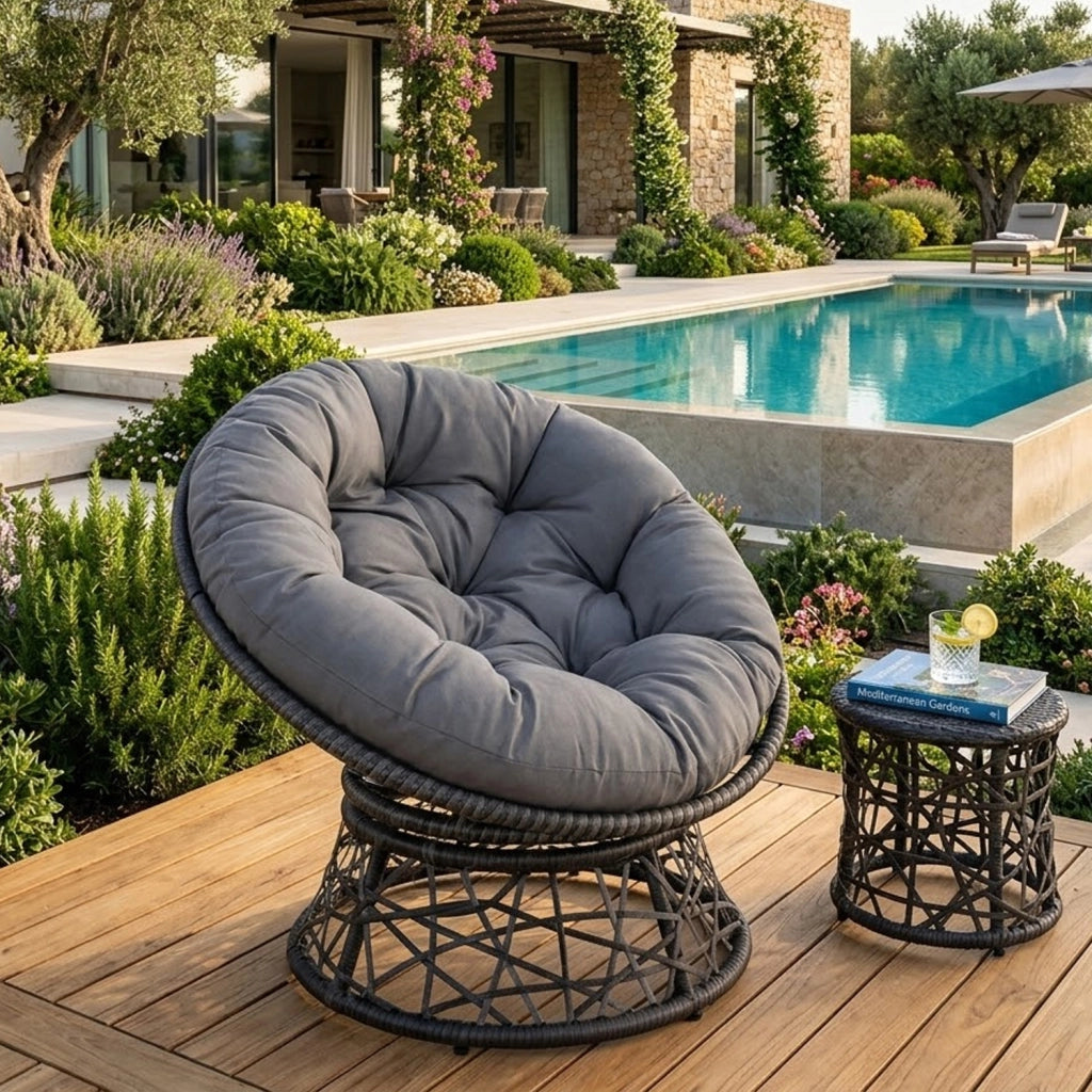 Poltrona Relax Da Esterno Girevole Con Cuscino Imbottito Seduta Rotazione 360 Gradi Per Giardino Terrazzo Patio Veranda Bordo Piscina 64 x 80.5 Cm Grigio