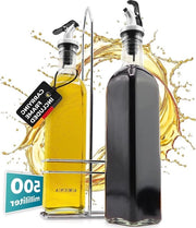Set di pulizia dell'olio con contenitore - bottiglia di vetro per aceto e olio d'oliva - tappo antidruppello - 2x 500ml