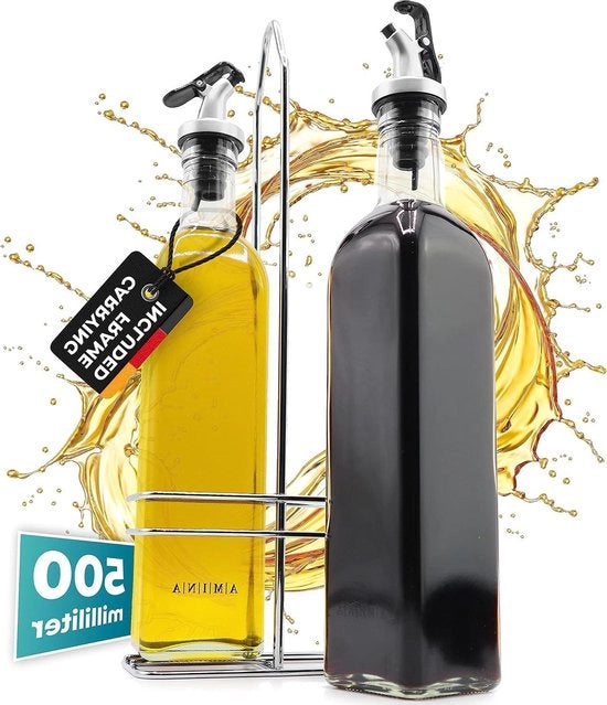 Set di pulizia dell'olio con contenitore - bottiglia di vetro per aceto e olio d'oliva - tappo antidruppello - 2x 500ml