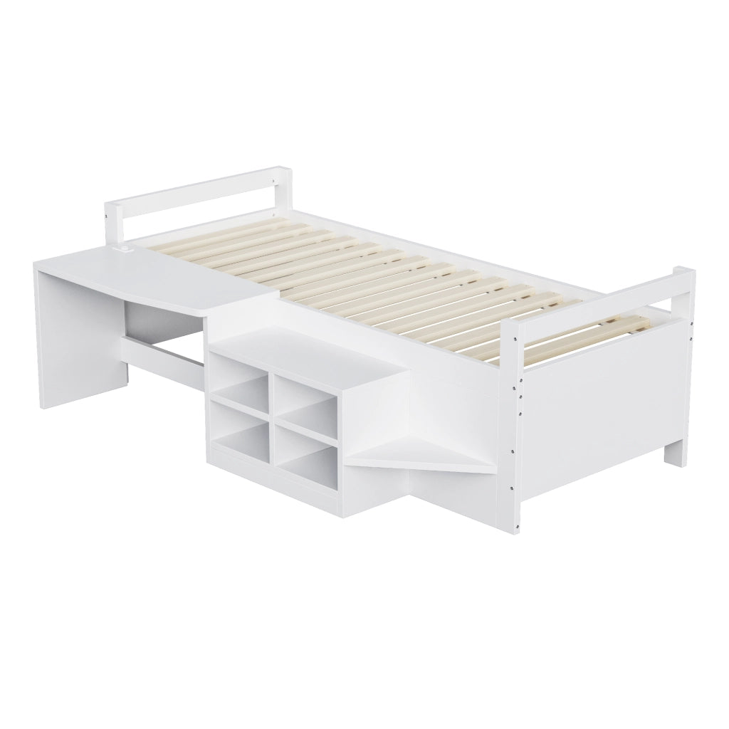 LETTO Singolo 90x200 cm con scrivania, vani contenitori e prese USB Bianco