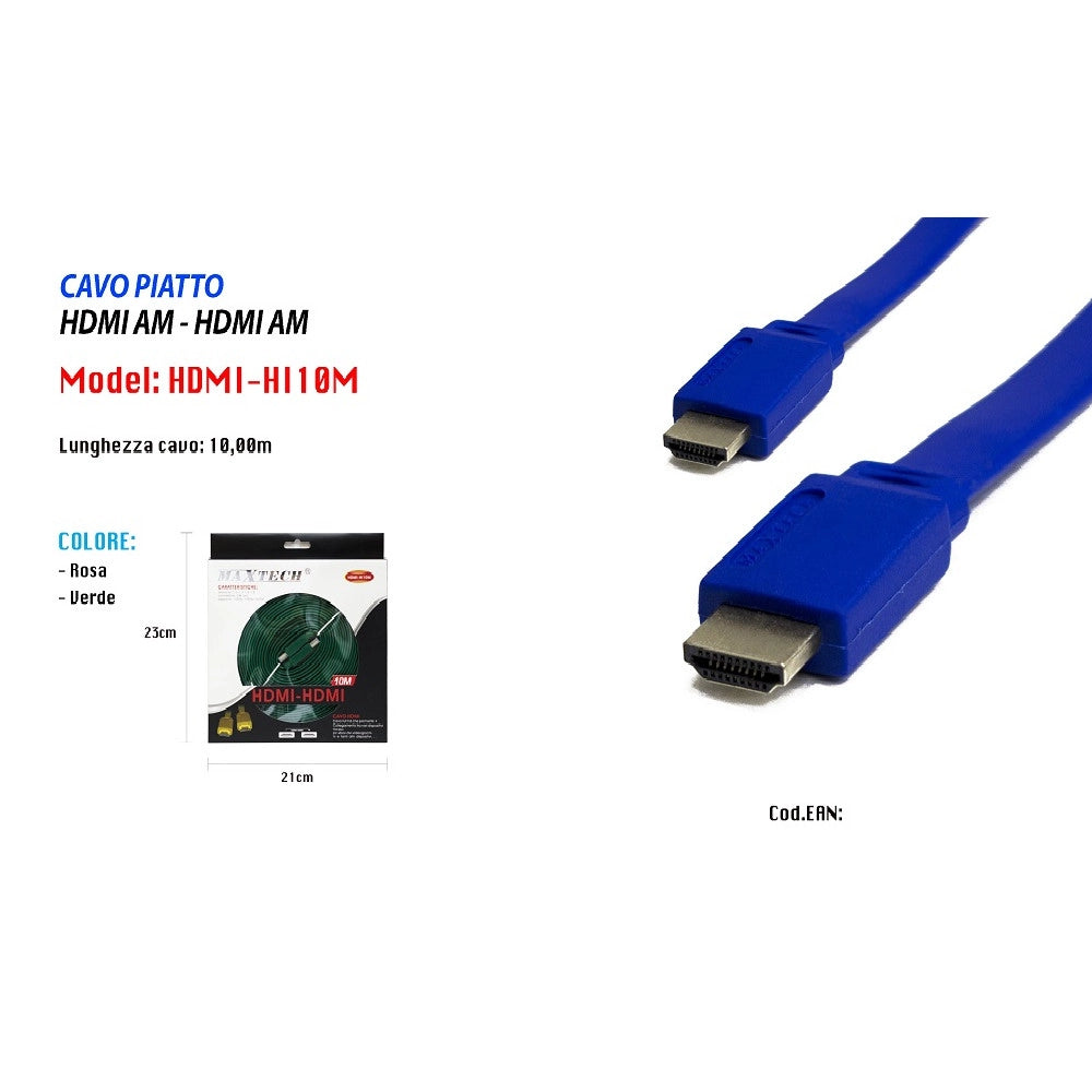 Trade Shop - Cavo Hdmi Full Hd 1080p 1600p Piatto 24k Tv Xbox Video 10 Metri Maxtech Hdmi-hi10m -