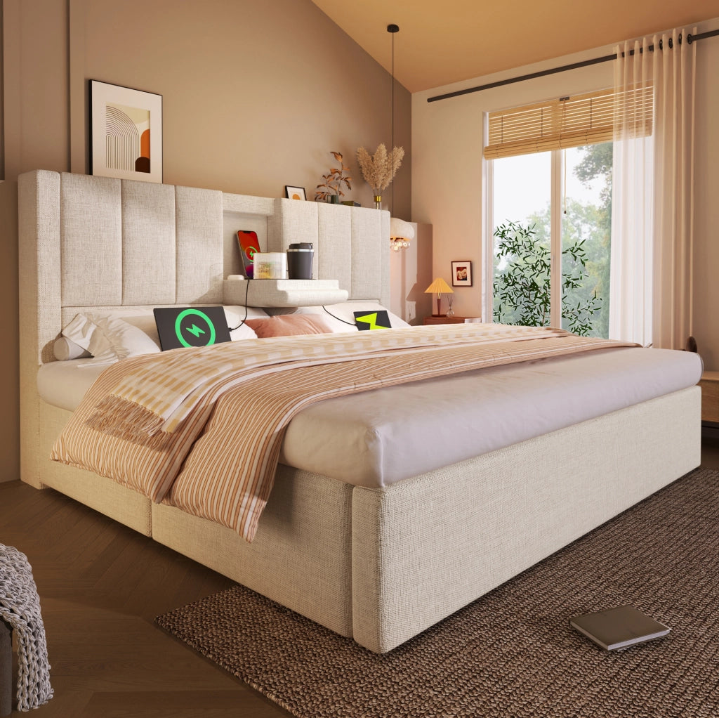 Letto contenitore beige 160x200 cm con materasso e USB