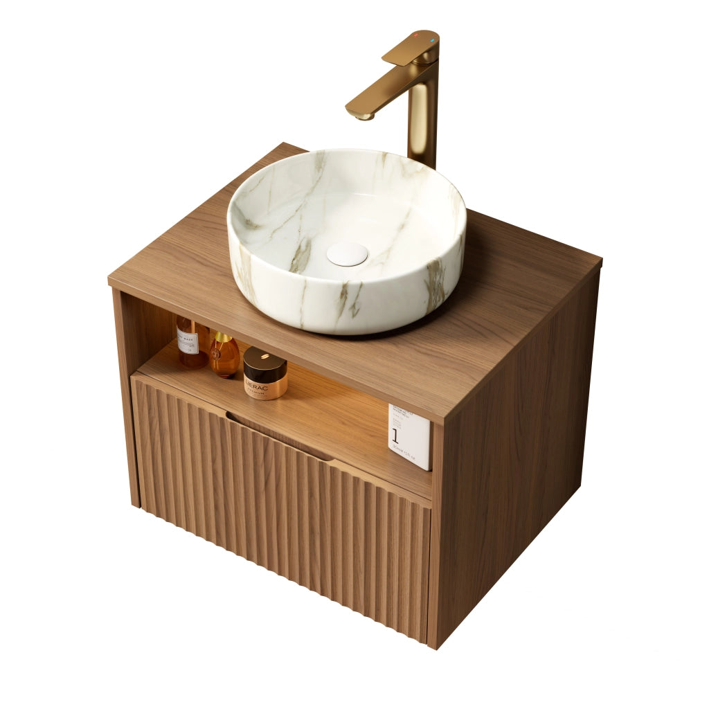 Mobile bagno sospeso con 1 cassetto e 1 vano aperto con lavabo in ceramica e luce LED per bagno 60×46×58.8 cm