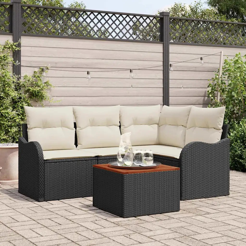 Set Divano da Giardino 5 pcs Nero e Crema polyrattan