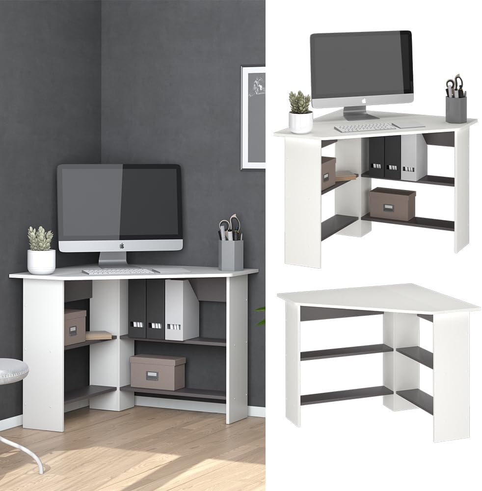 Scrivania angolare Arion, Bianco, 90 x 90 cm, per un utilizzo efficiente dello spazio con vani aperti