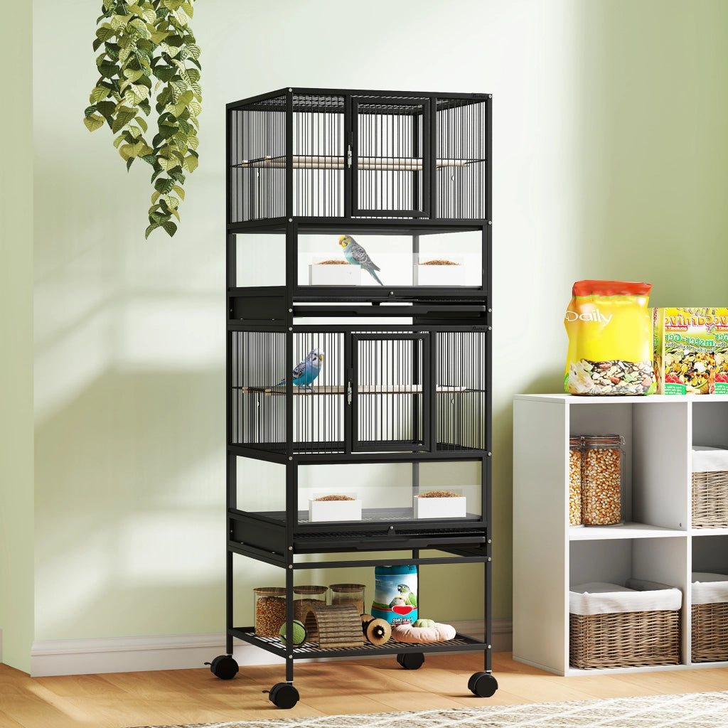 Gabbia per Uccelli 2 Livelli con Pannelli Acrilici ¨C zephmum ¨C Nero 48x46x134.5 cm