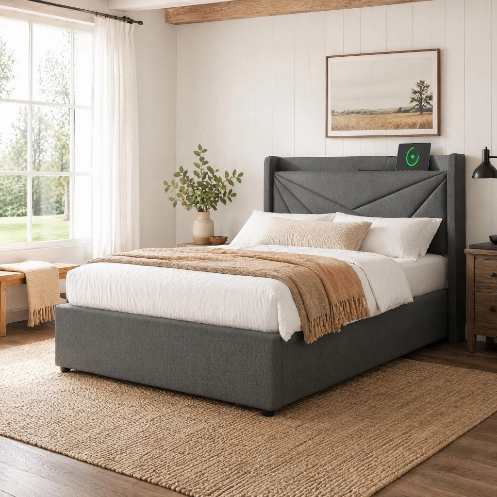 Letto singolo con contenitore 90x200 cm grigio, testiera geometrica, porte USB e Type-C, rete a doghe, senza materasso