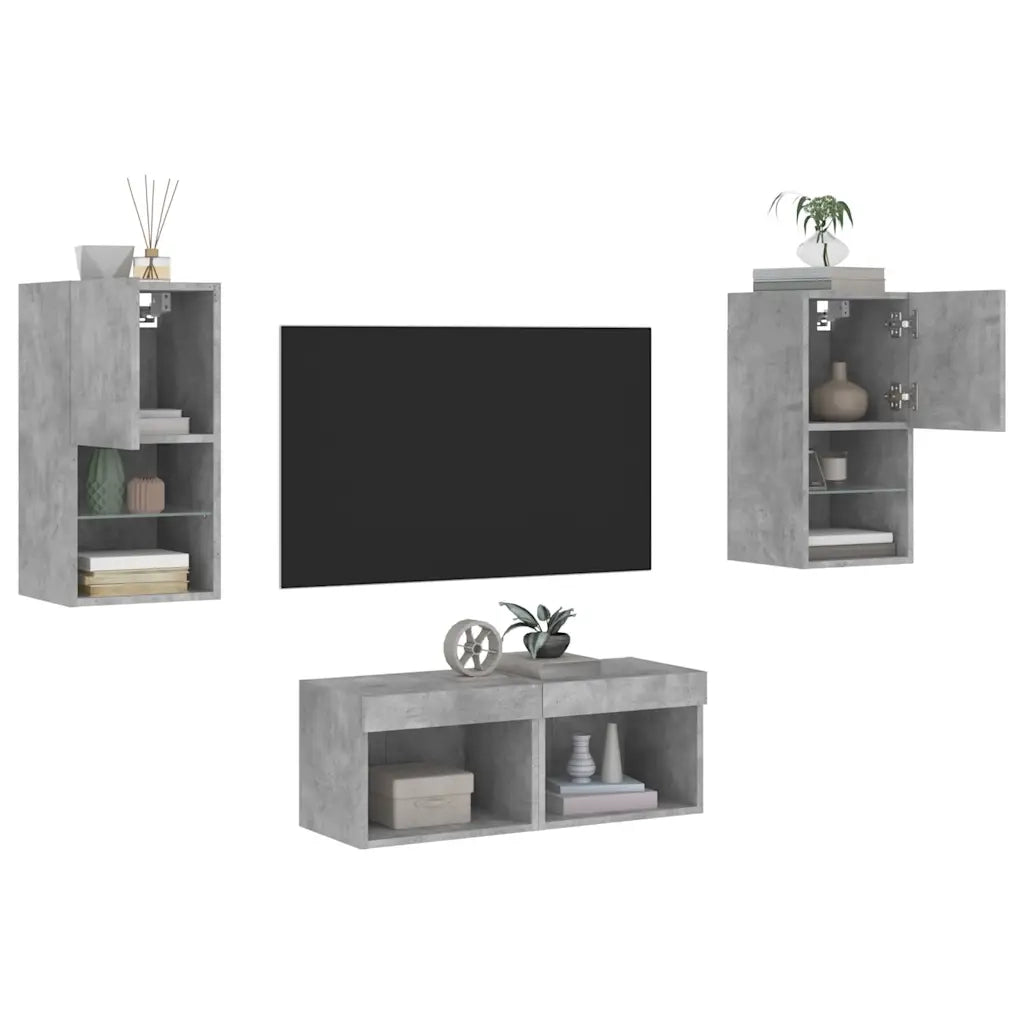 Mobili TV a Muro 4 pz-Credenza per TV con Luci LED Grigio Cemento 491899