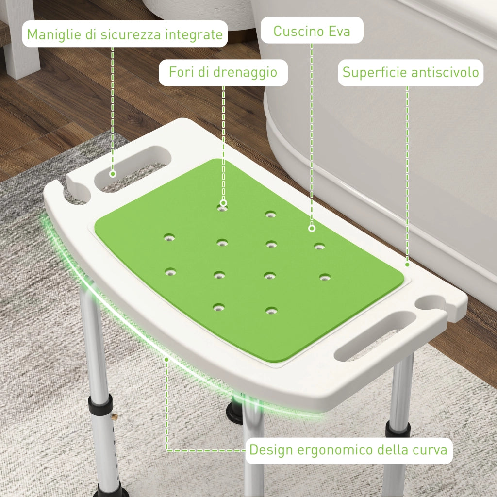Sgabello da Doccia in Lega di Alluminio e Plastica Antiscivolo, Altezza Regolabile 6 Livelli 39-52cm, Verde