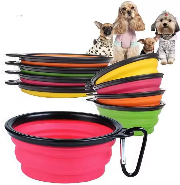 Ciotola da Viaggio per Cani e Gatti 450 ml, Pieghevole per Acqua e Crocchette, in Silicone Portatile Con Moschettone (Rosso)
