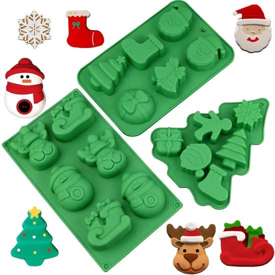 Forme di Natale in Silicone - 3 Pack - Albero di Natale/Personaggio di Natale - Forme per Dolci/Pudding - Cubetti di Ghiaccio/Saponi - Decorazioni per Torta - Verde - Muffin Tree in Silicone