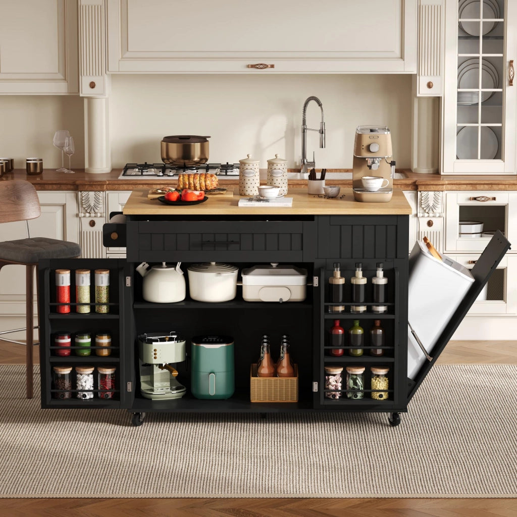 Carrello da cucina con piano ribaltabile, mobile contenitore e vano per pattumiera, MDF nero, 130 × 70 × 93 cm