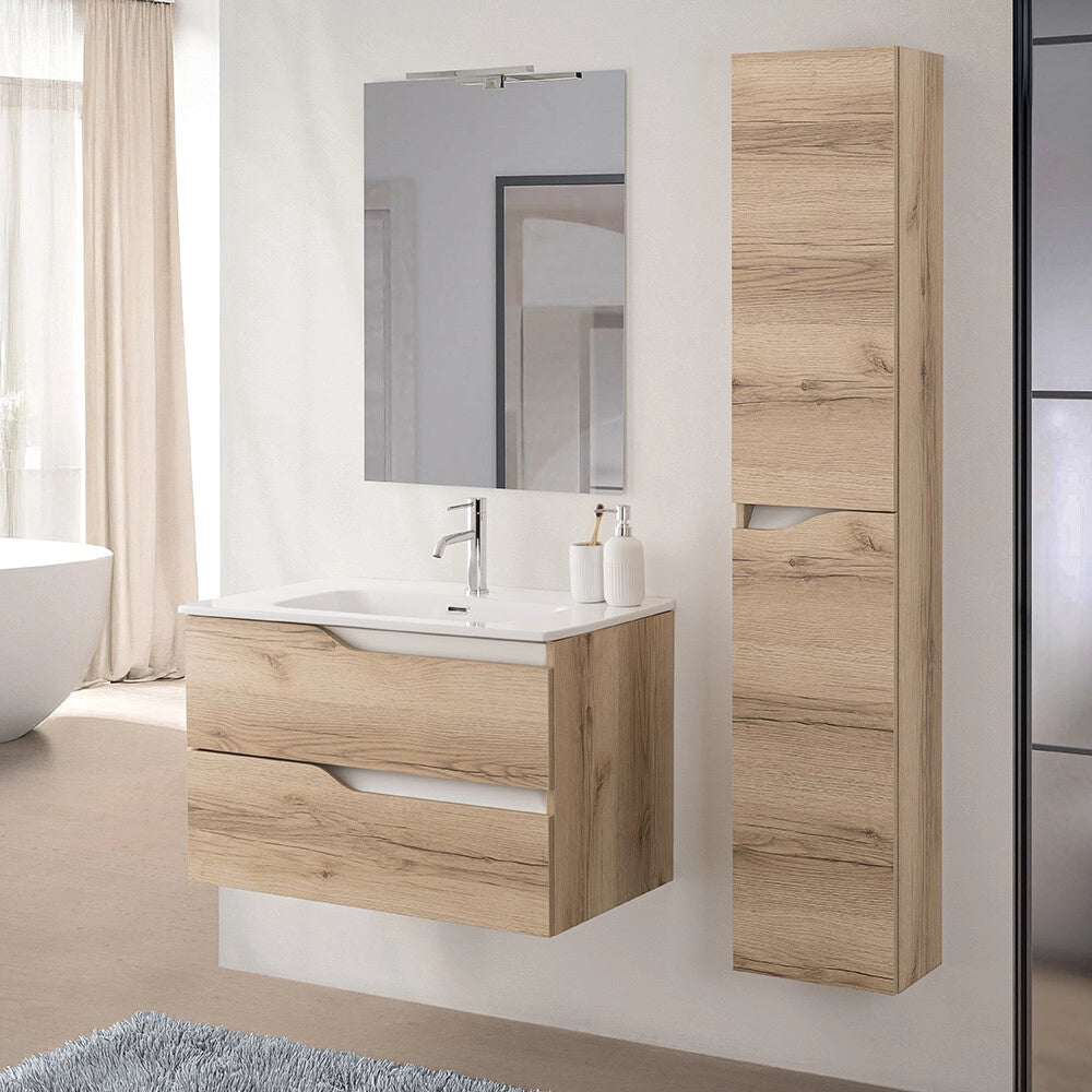 Mobile bagno sospeso 100cm quercia e bianco con pensile e lavabo Sumya