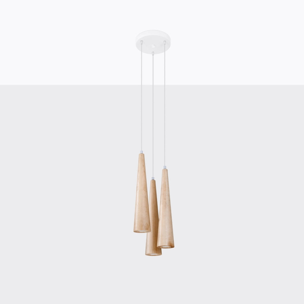 Lampada a sospensione SULA a 3 luci in legno naturale, stile scandinavo, a forma di cono, 120 cm