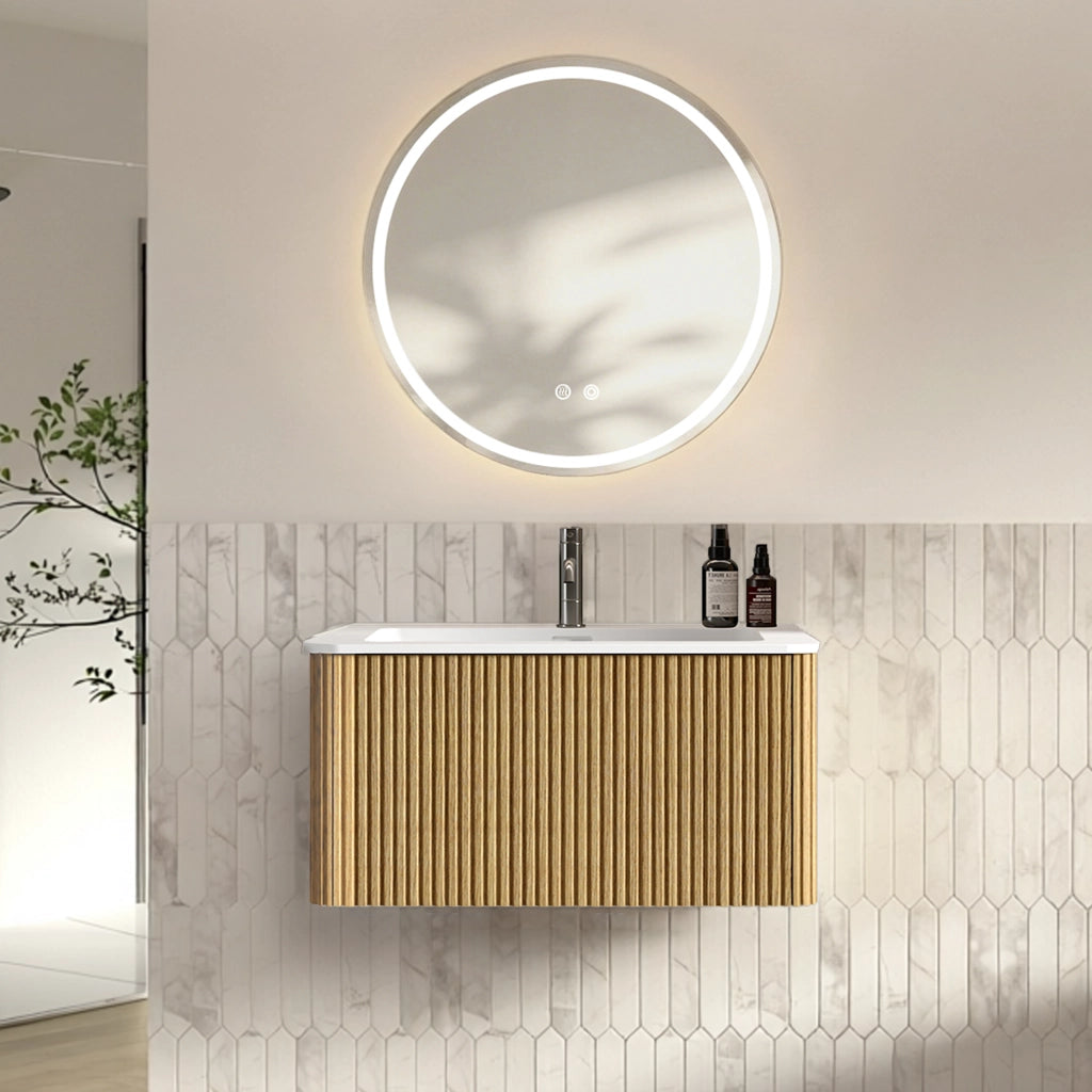 Mobile sottolavabo con 1 cassetto e specchio LED, per bagno, in MDF e vetro, rovere
