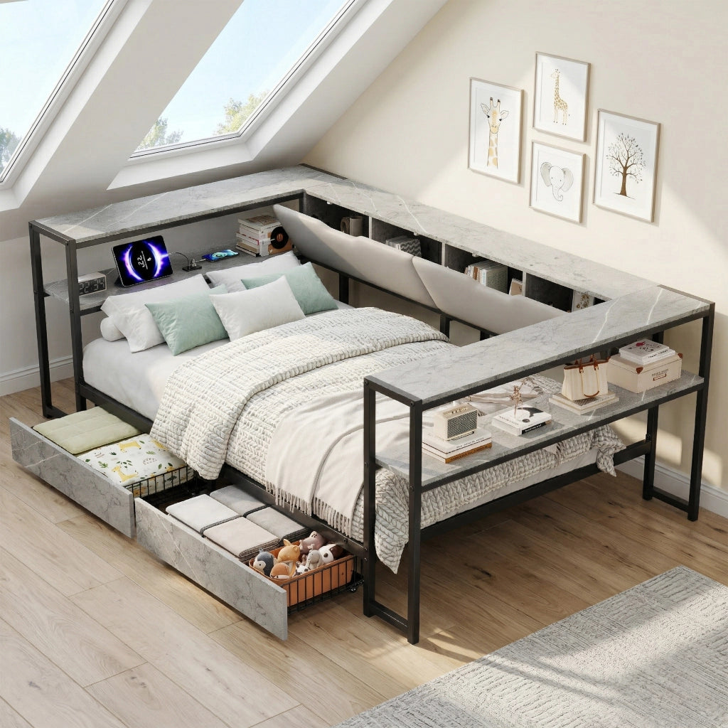 Letto Imbottito con 2 Cassetti e Rete a Doghe in Metallo ¨C MINIMAL ¨C 90x200, Grigio Cemento