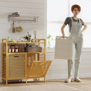 Mobile Bagno a Doghe con Cesti Portabiancheria 82x33x88 cm Capienza 41L in Bambù e Poliestere Crema