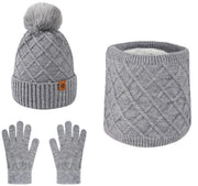 Cappello invernale a maglia con guanti touchscreen e collare per donne, con palline morbide, guanti caldi a maglia e collare tre-in-uno, Grigio chiaro
