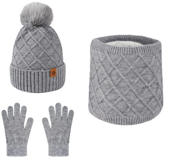 Cappello invernale a maglia con guanti touchscreen e collare per donne, con palline morbide, guanti caldi a maglia e collare tre-in-uno, Grigio chiaro