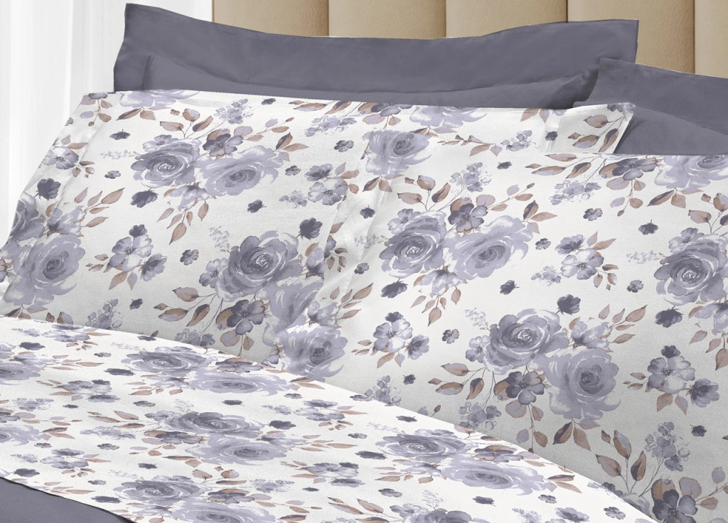 Completo Lenzuola Letto 100% Cotone Italy 3027 Disegno Rosa - Singolo - Grigio