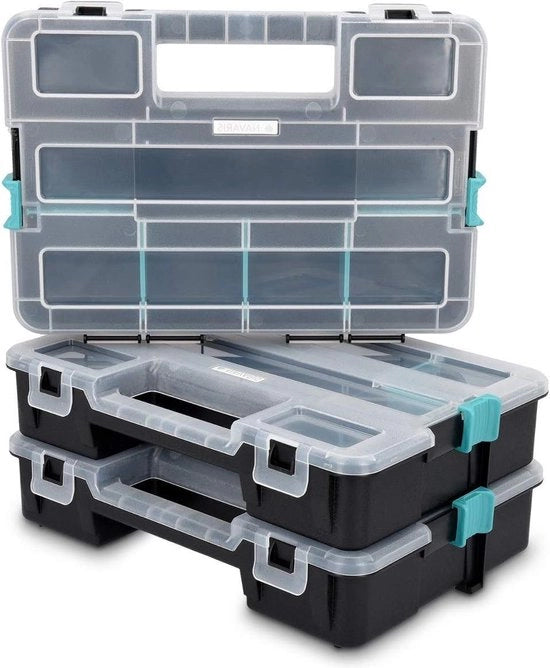 Scatola di archiviazione a stakchi con distributore - Set di 3 - Compartimenti - Scatola a viti - 315 x 225 x 198 cm - Nero/Bianco