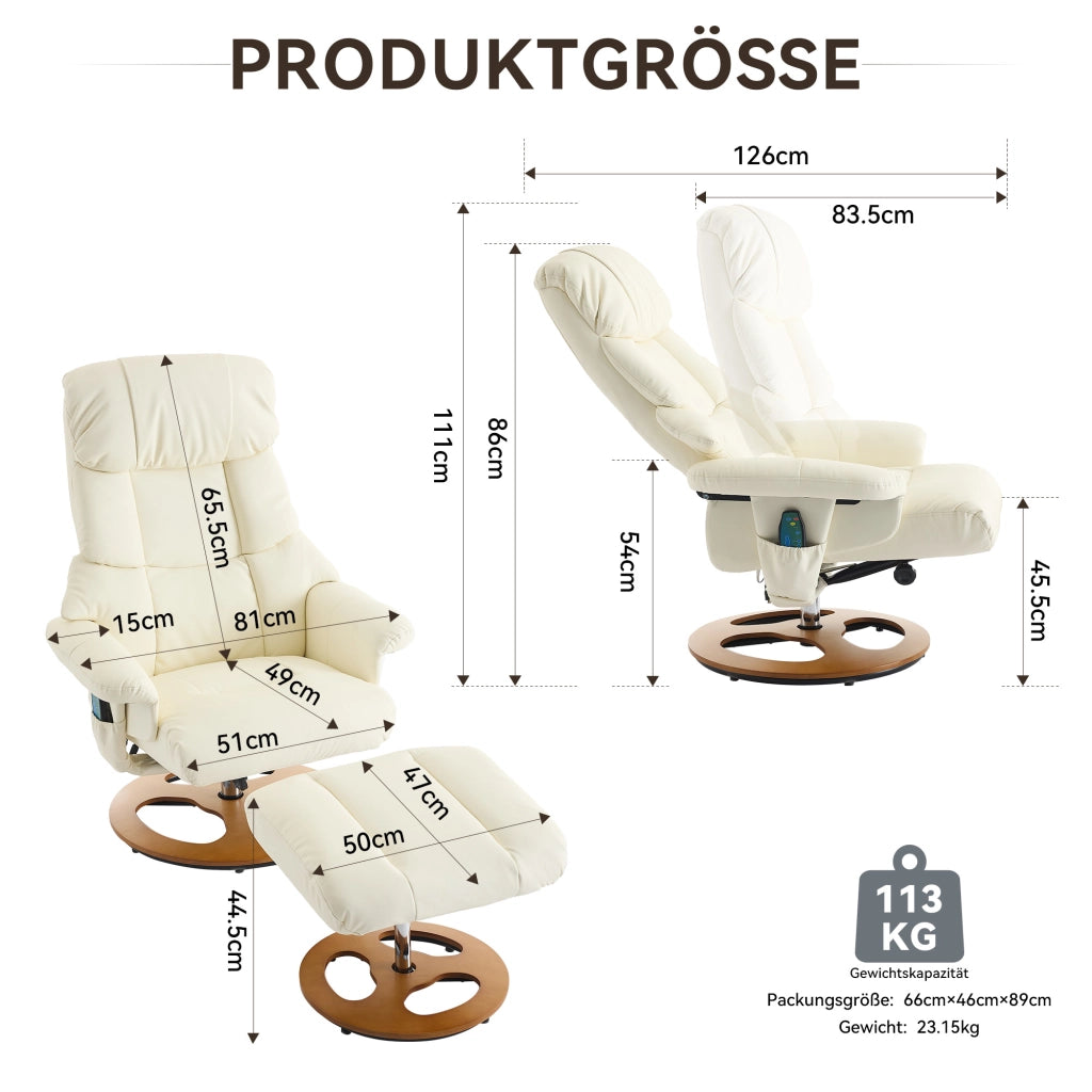 Poltrona massaggio relax - Zephmum- Con funzione riscaldamento e sgabello, 360¡ã girevole, tessuto PU bianco
