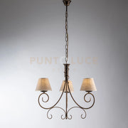 Lampadario in ferro laccato marrone con decorazione oro antico e paralumi diametro 13 in pvc effetto tessuto juta 3 luci