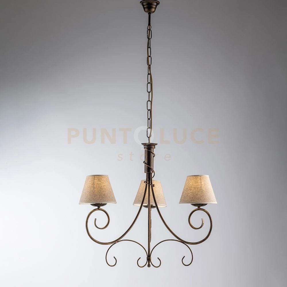 Lampadario in ferro laccato marrone con decorazione oro antico e paralumi diametro 13 in pvc effetto tessuto juta 3 luci