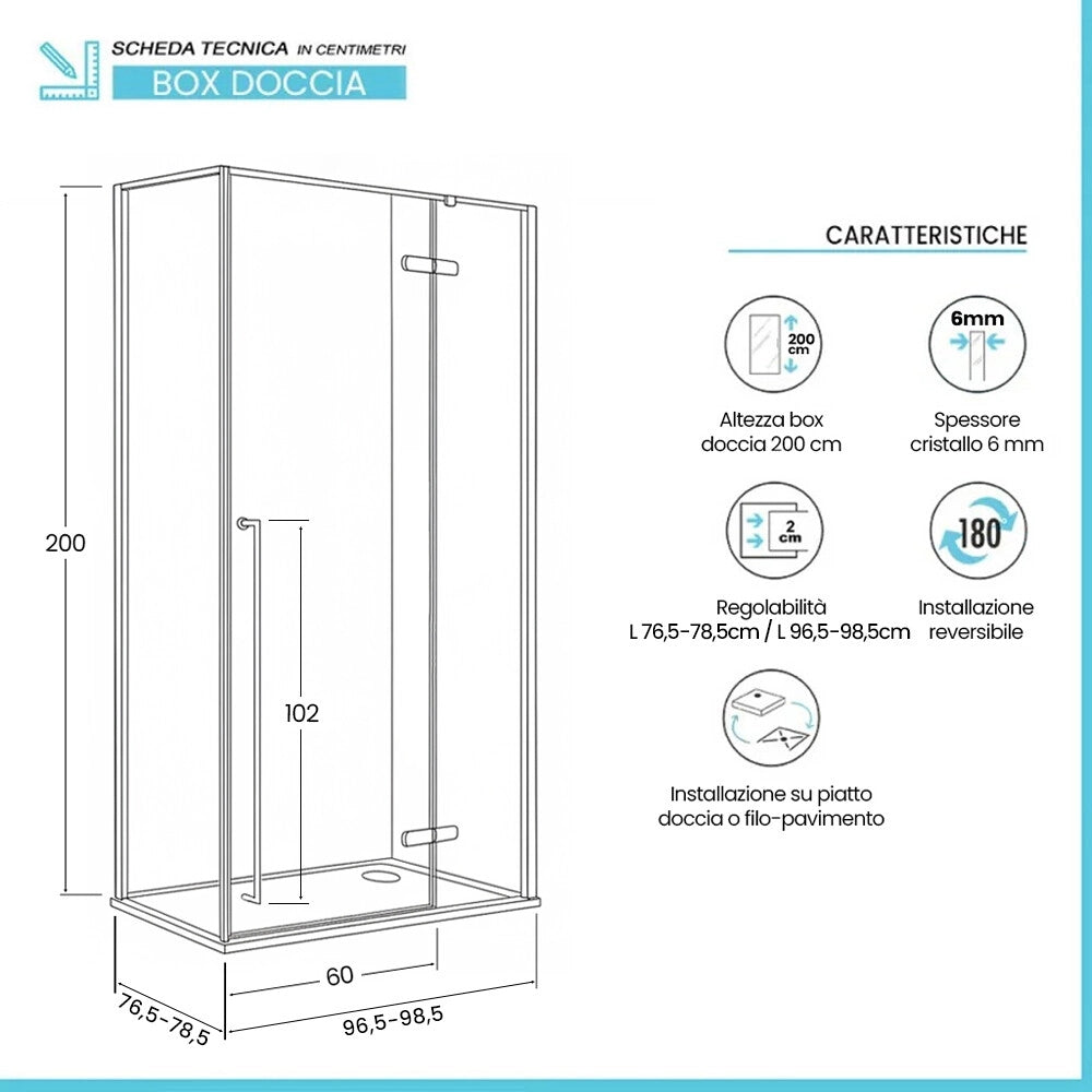 Box doccia angolare 80x100 con porta battente cristallo trasparente e profili cromati Nylo