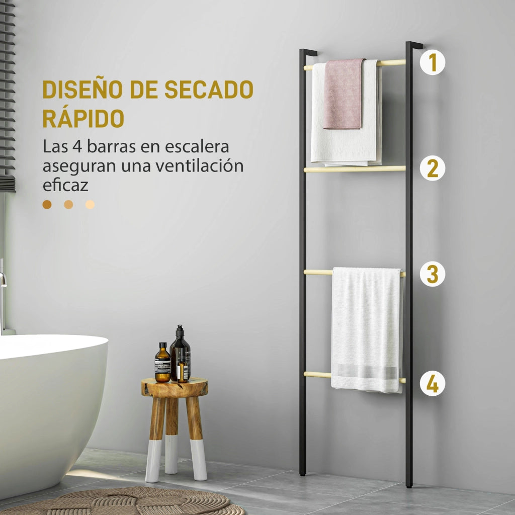 Porta Asciugamani da Bagno a Parete con 4 Barre di Bamb¨´ e Telaio in Acciaio ¨C Minimal ¨C 49x5,5x167,5 cm Nero e Naturale