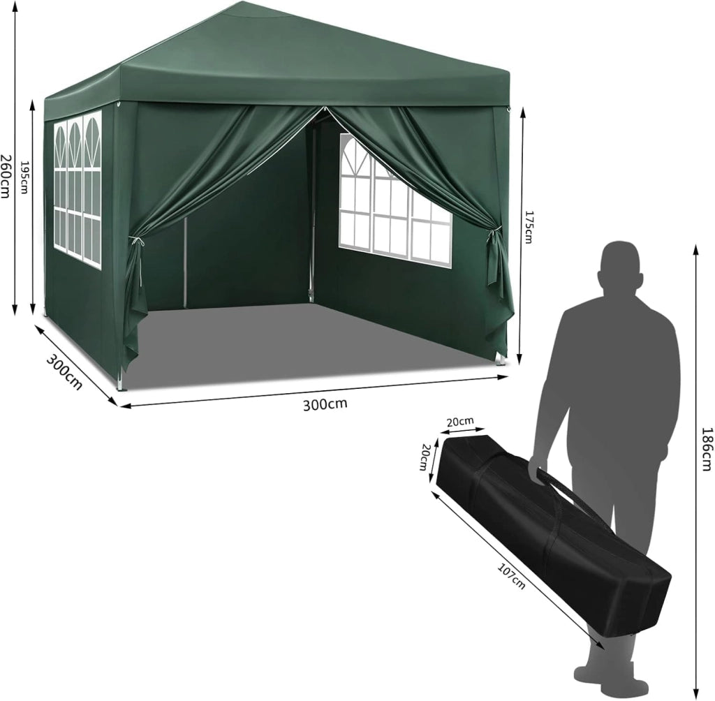 Gazebo da Giardino Richiudibile 3x3m Gazebo da Esterno in Ferro Regolabile in Altezza Tendone Pieghevole con Telo Impermeabile,Set di 4 Sacchi di Sabbia, Facile da Montare Verde