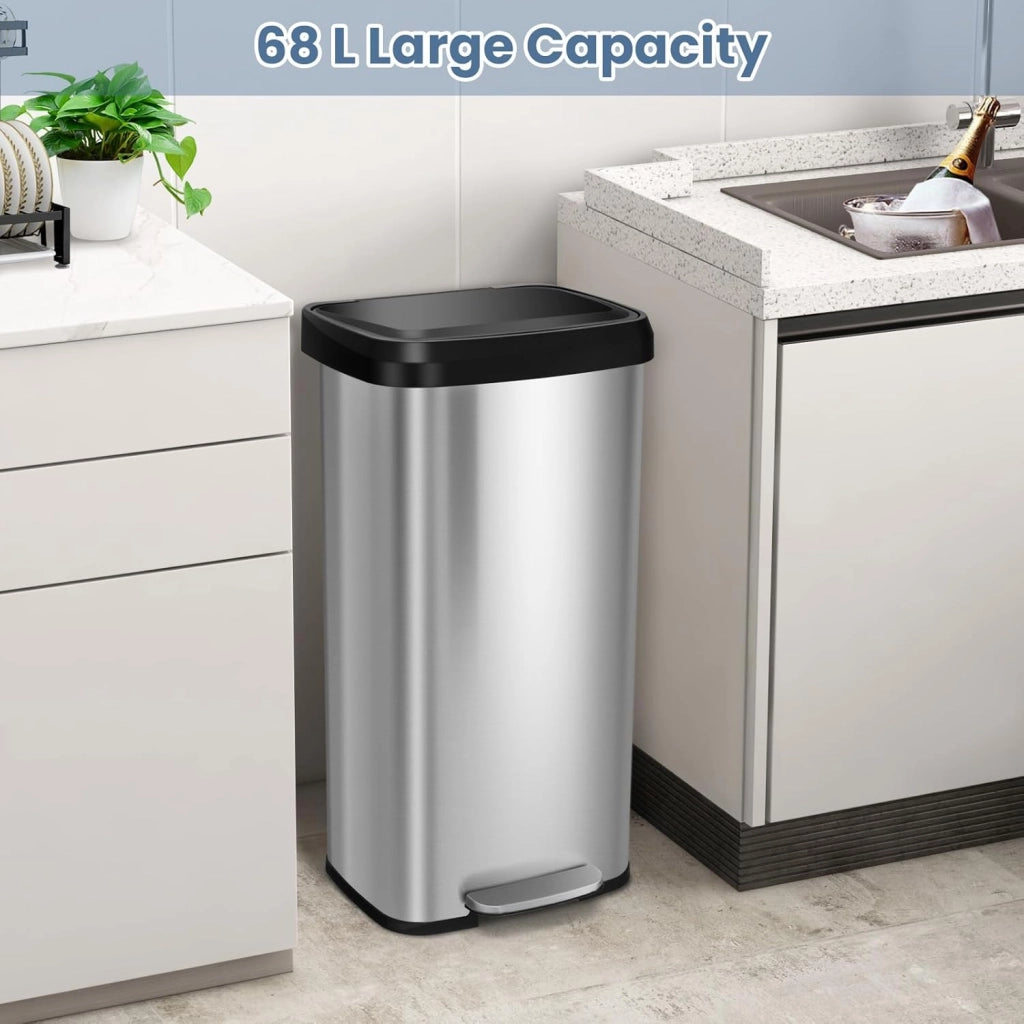 Pattumiera da Cucina da 50 L, con Coperchio e Pedale, in Acciaio Inox e Plastica, con Scomparto per Deodorazione, 41 x 39 x 61 cm (Argento, 68l)