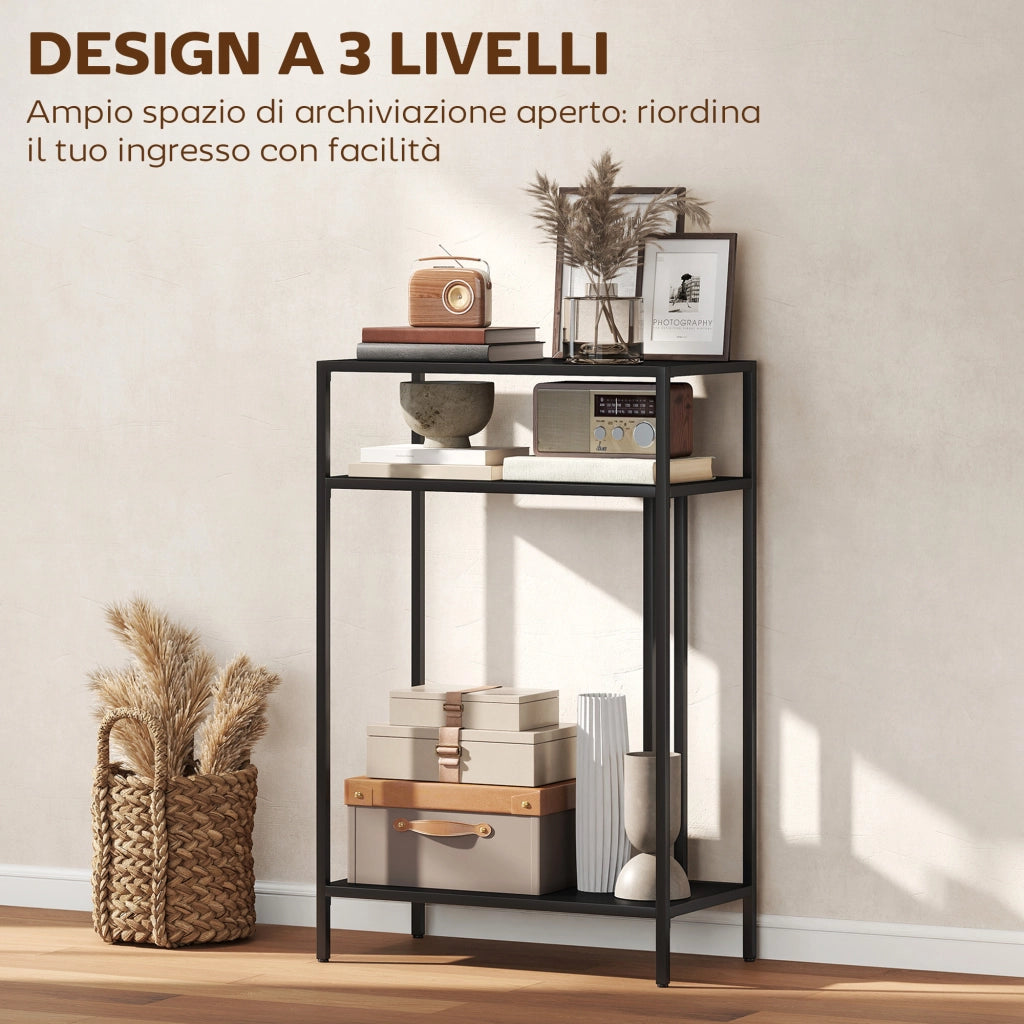 Tavolo Consolle con Ripiani Aperti a 3 Livelli, in Acciaio, 55x30x85 cm, Nero