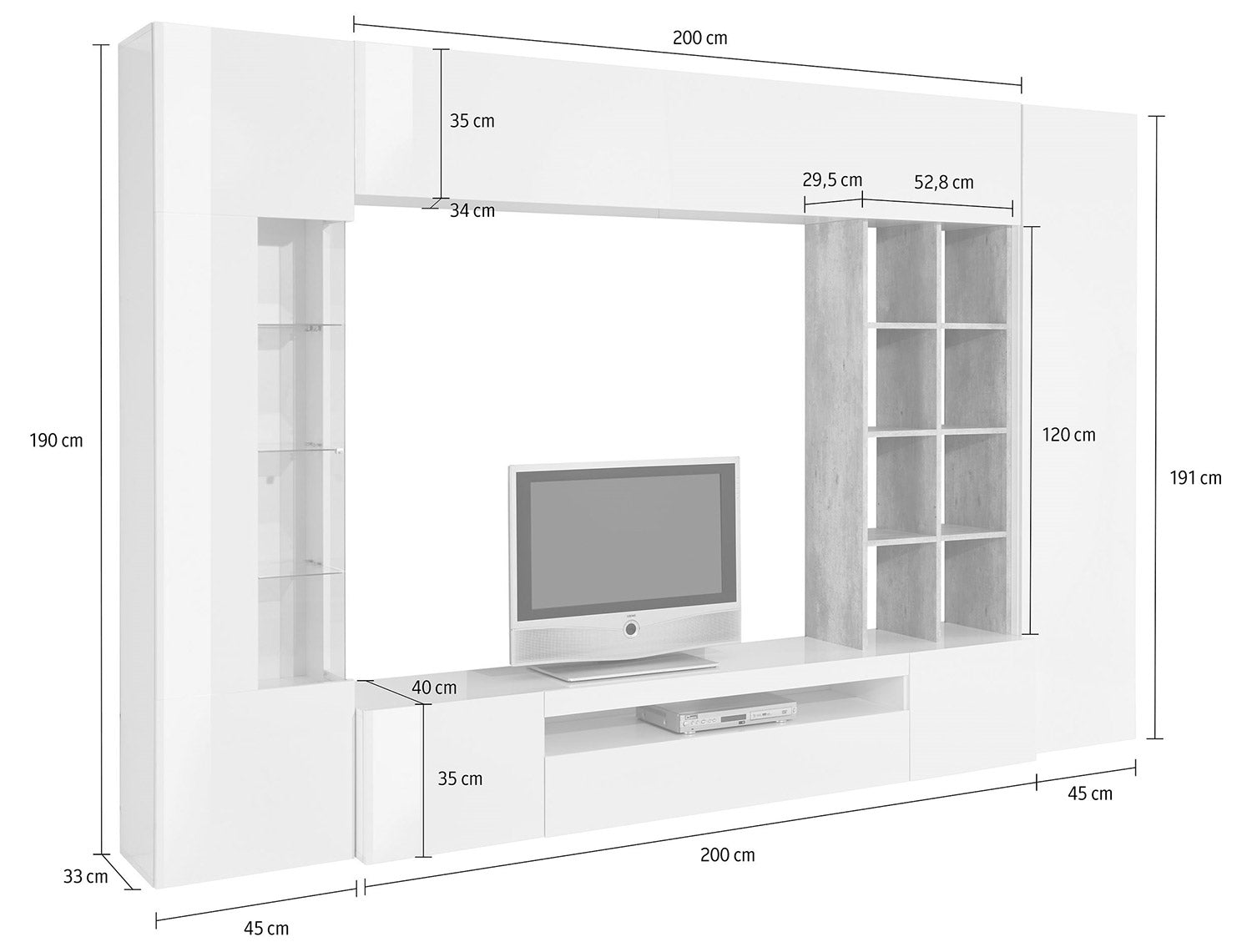 Parete Attrezzata Soggiorno 200x40x35 cm Egypt Bianco Lucido e Cemento