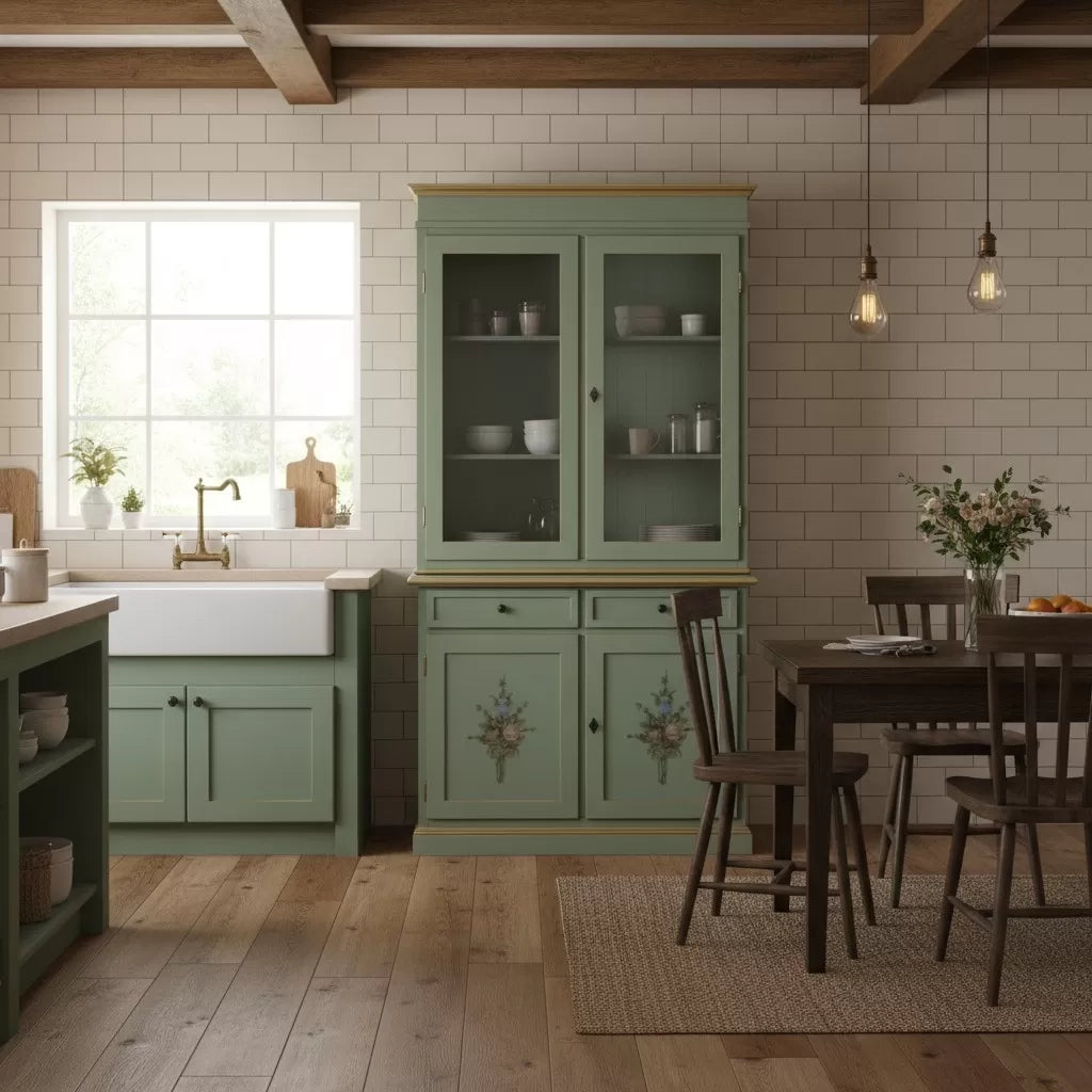 Cristalliera 2 porte shabby legno verde salvia decorata filo oro 105x42x206 - Mobili 2G