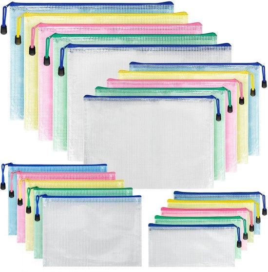Documentenmap A3+A4+A5+A6, 20 pezzi, tas documenti PVC impermeabile a rete con chiusura a raccordo per ufficio, carta, cosmetici e accessori di viaggio, tasche per adulti, bambini, studenti
