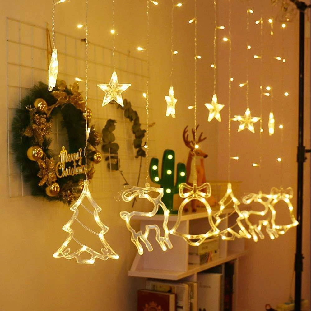 Trade Shop - Luci Tende Led 12 Lampade Campane Alberi Natale Decorazioni A Corrente Bianco Caldo -