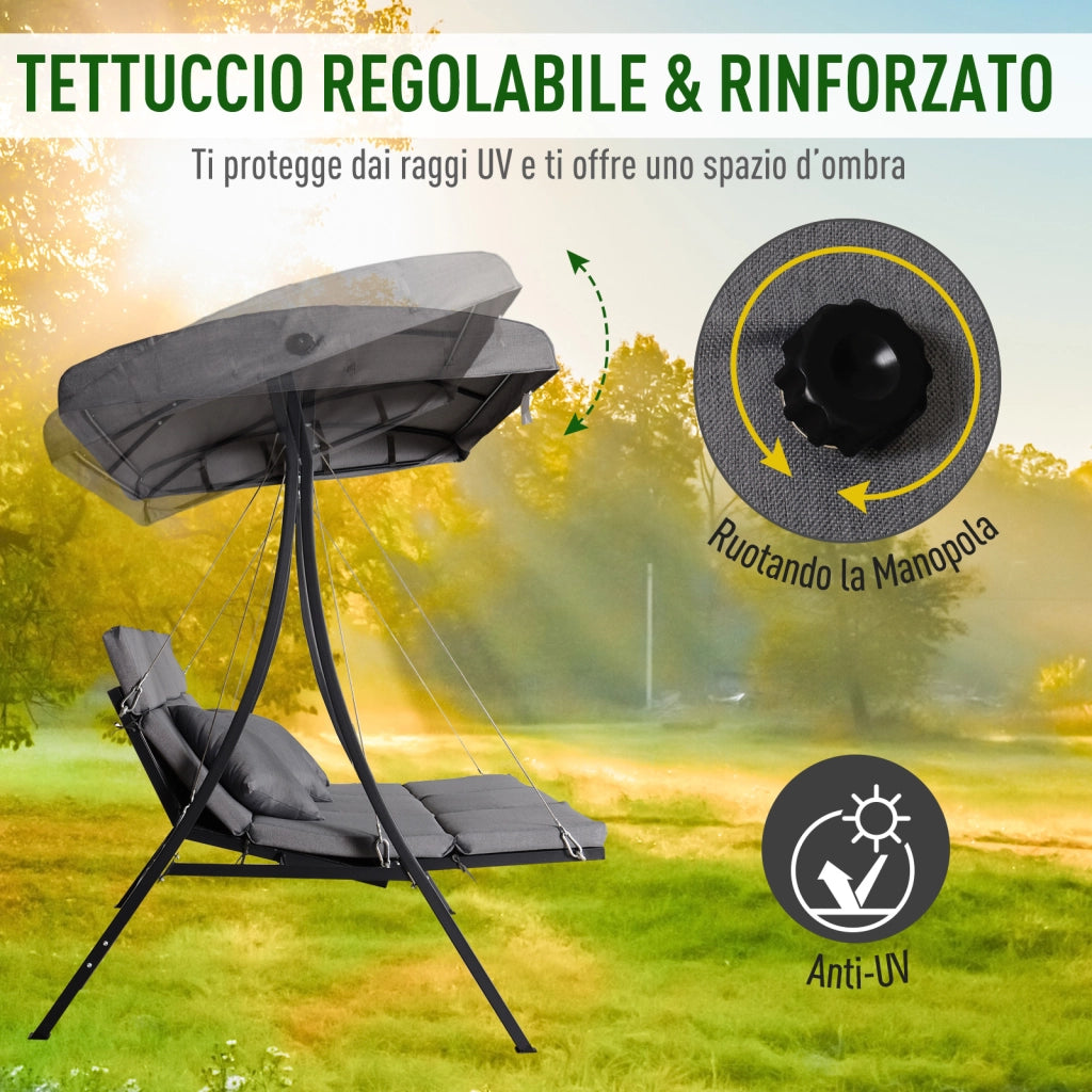 Dondolo da Giardino con Tettuccio e Cuscini ¨C zephmum ¨C Grigio, Textilene, Metallo, 198x118x168 cm