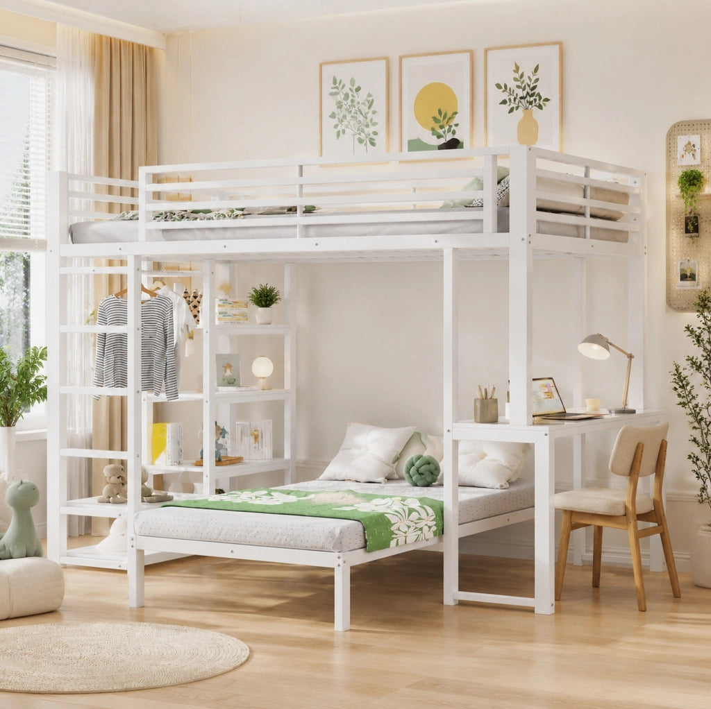 Letto a soppalco 90x200 cm con scrivania e scaffali, bianco