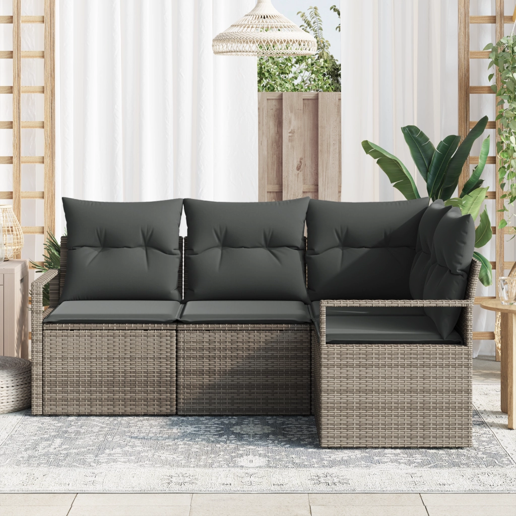 Set da Giardino in 4 Pezzi  con Cuscini Grigio Rattan Poli