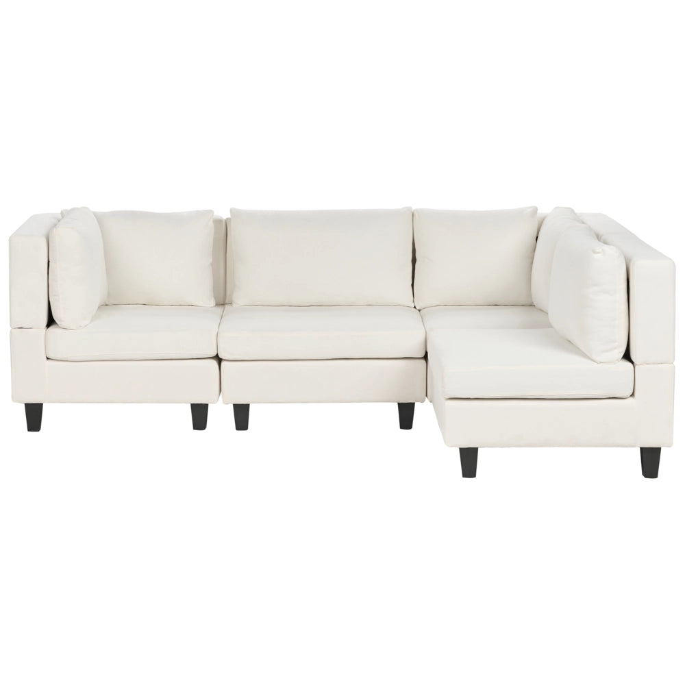 Divano componibile 4 posti imbottito in tessuto bianco gambe nere schienale  imbottito lato sinistro stile moderno