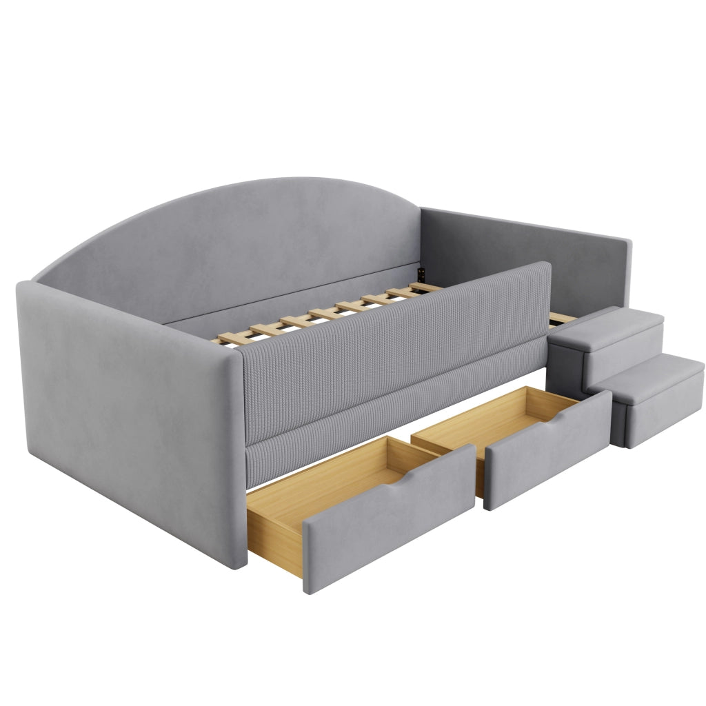 Letto imbottito con cassetti e gradini 90 x 190 cm grigio acqua