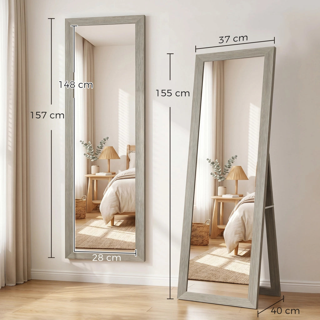 Specchio da terra e da parete rettangolare con cornice in legno grigio per camera da letto e ingresso 37 x 155 cm